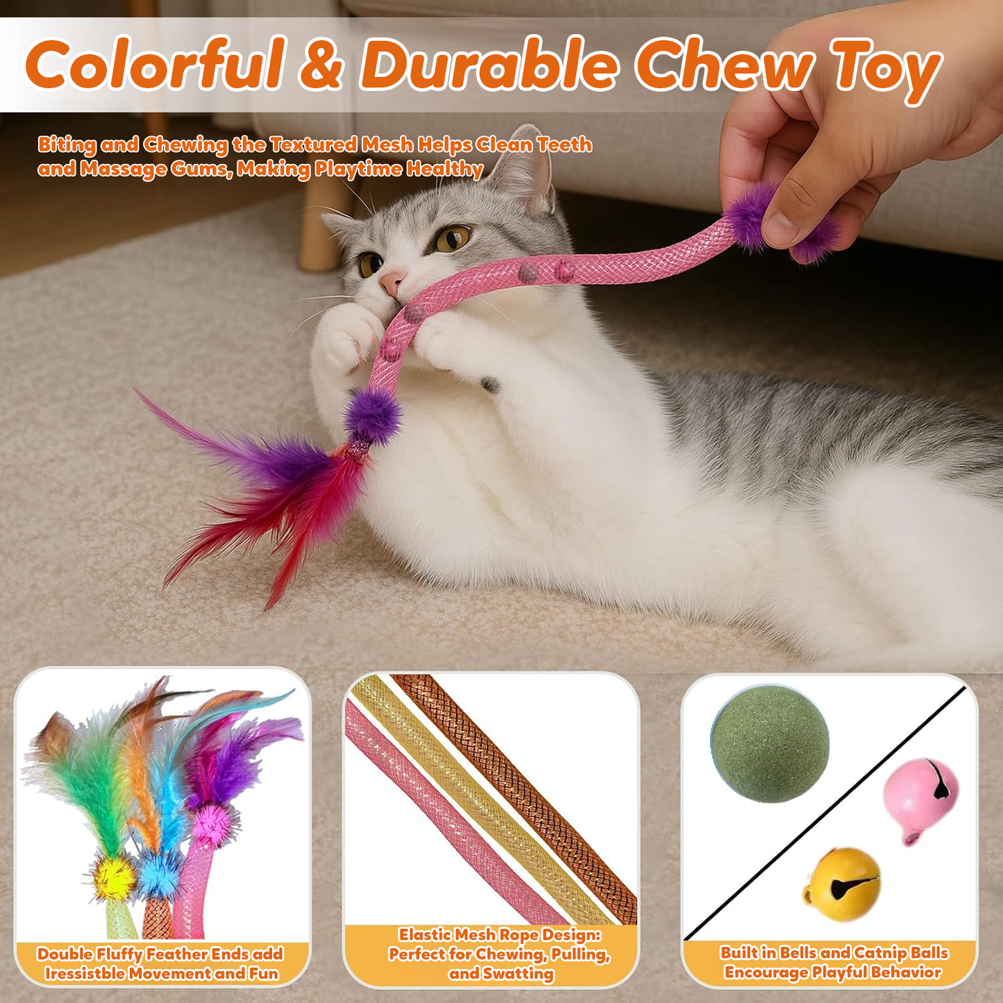 Pawbola Catnip Elastic Chew Rope with Feather and Bell (3 Count)