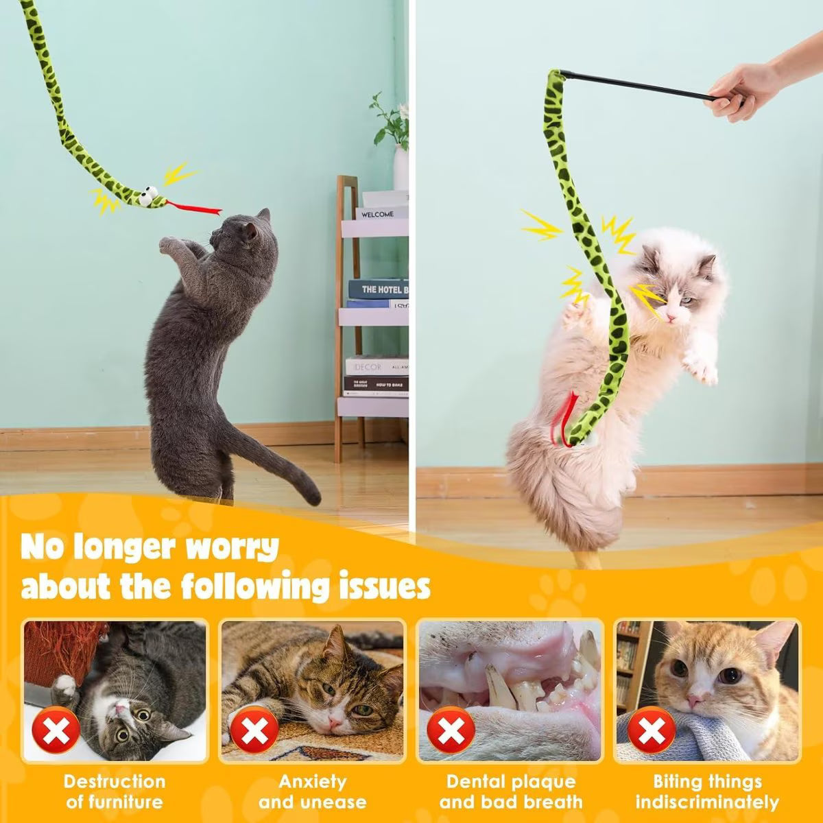Pawbola Crinkle Snake Cat Teaser Wand Toy, Green