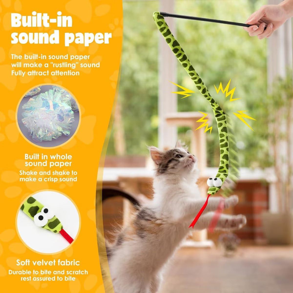 Pawbola Crinkle Snake Cat Teaser Wand Toy, Green